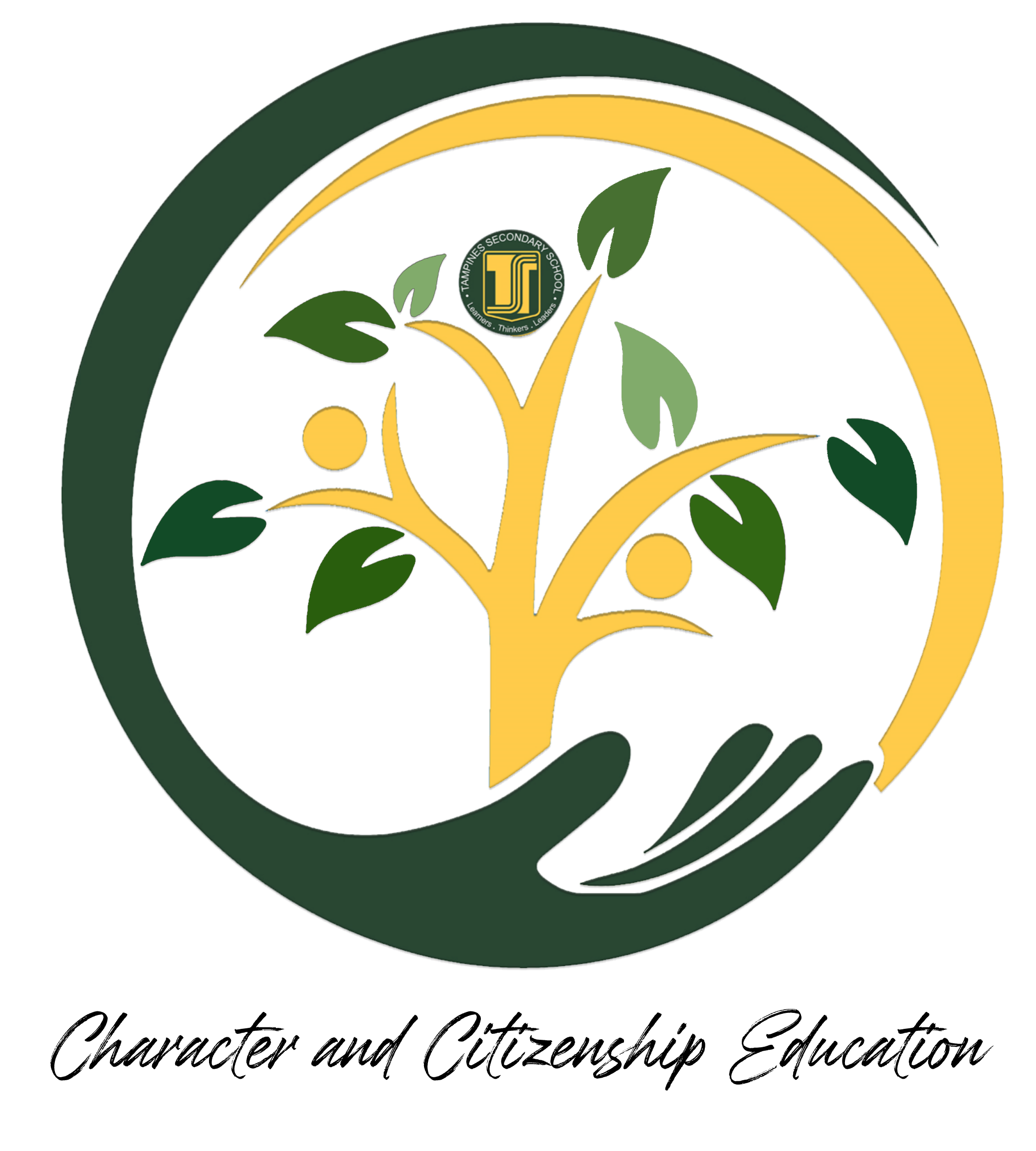 A gold tree with human figures and green leaves held by a hand, inside a circle, labeled Character and Citizenship Education.